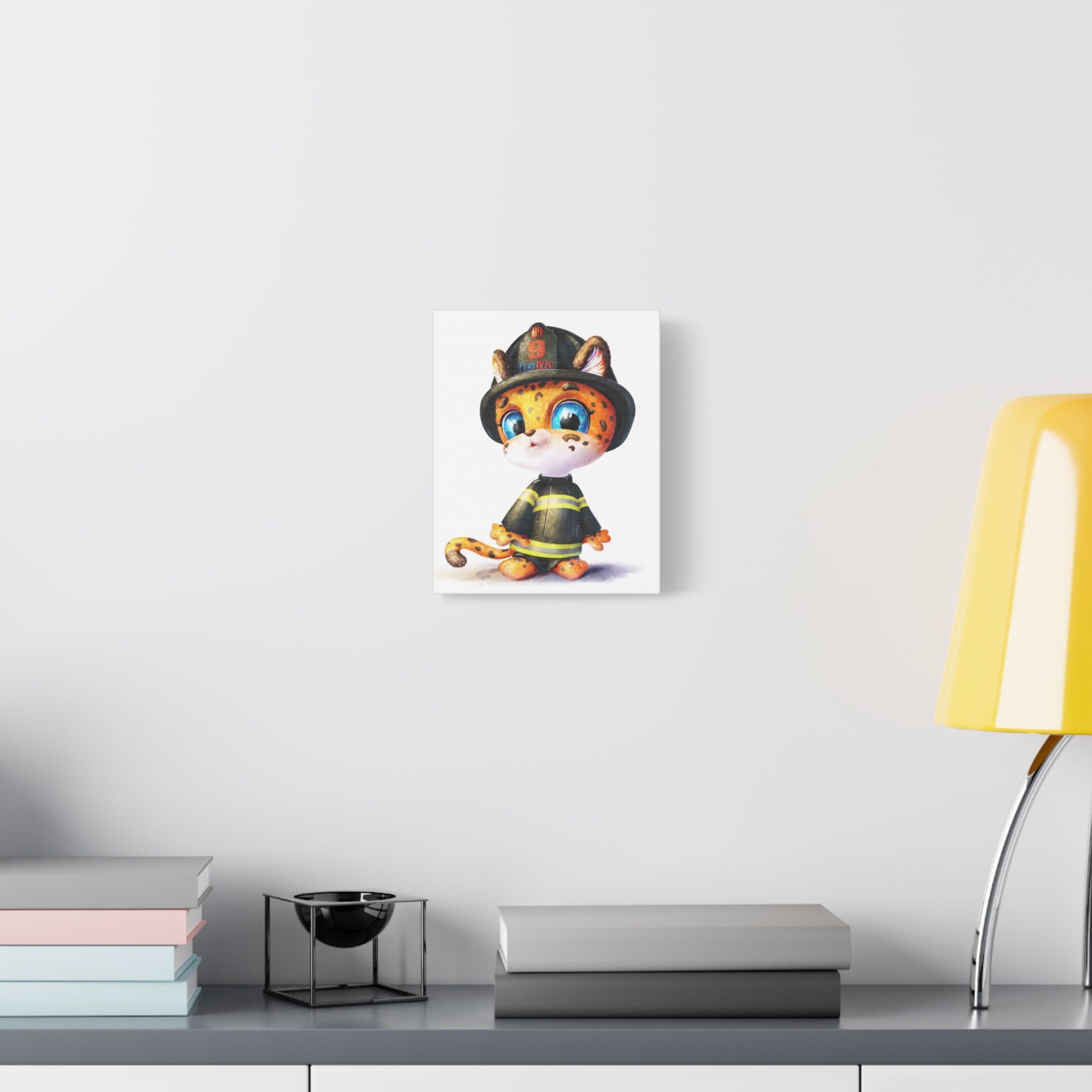 Firefighter Cat Canvas Print, Cute Animal Art for Kids, Playful Nursery Decor, Gift for Pet Lovers, Children's Room Wall Art