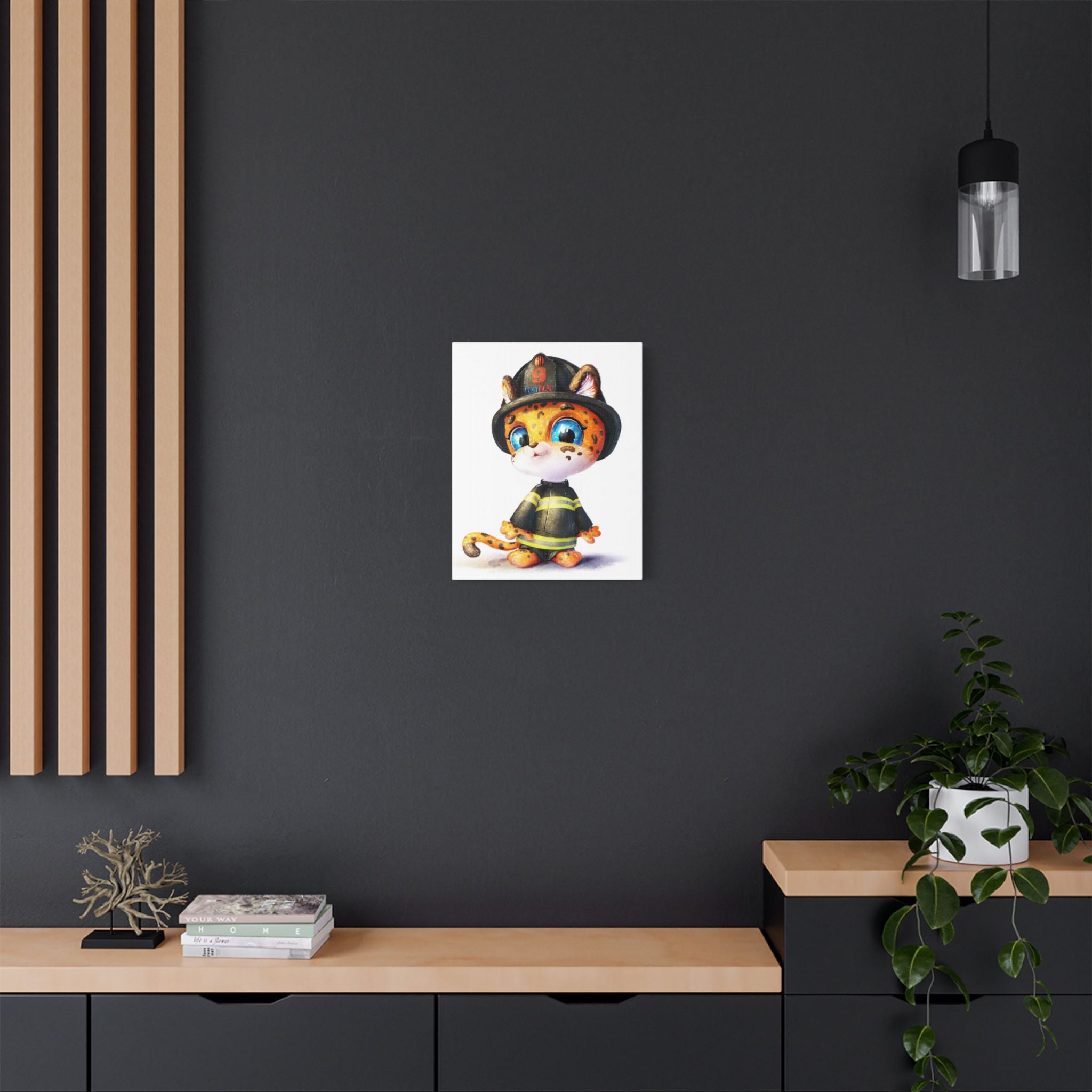 Firefighter Cat Canvas Print, Cute Animal Art for Kids, Playful Nursery Decor, Gift for Pet Lovers, Children's Room Wall Art