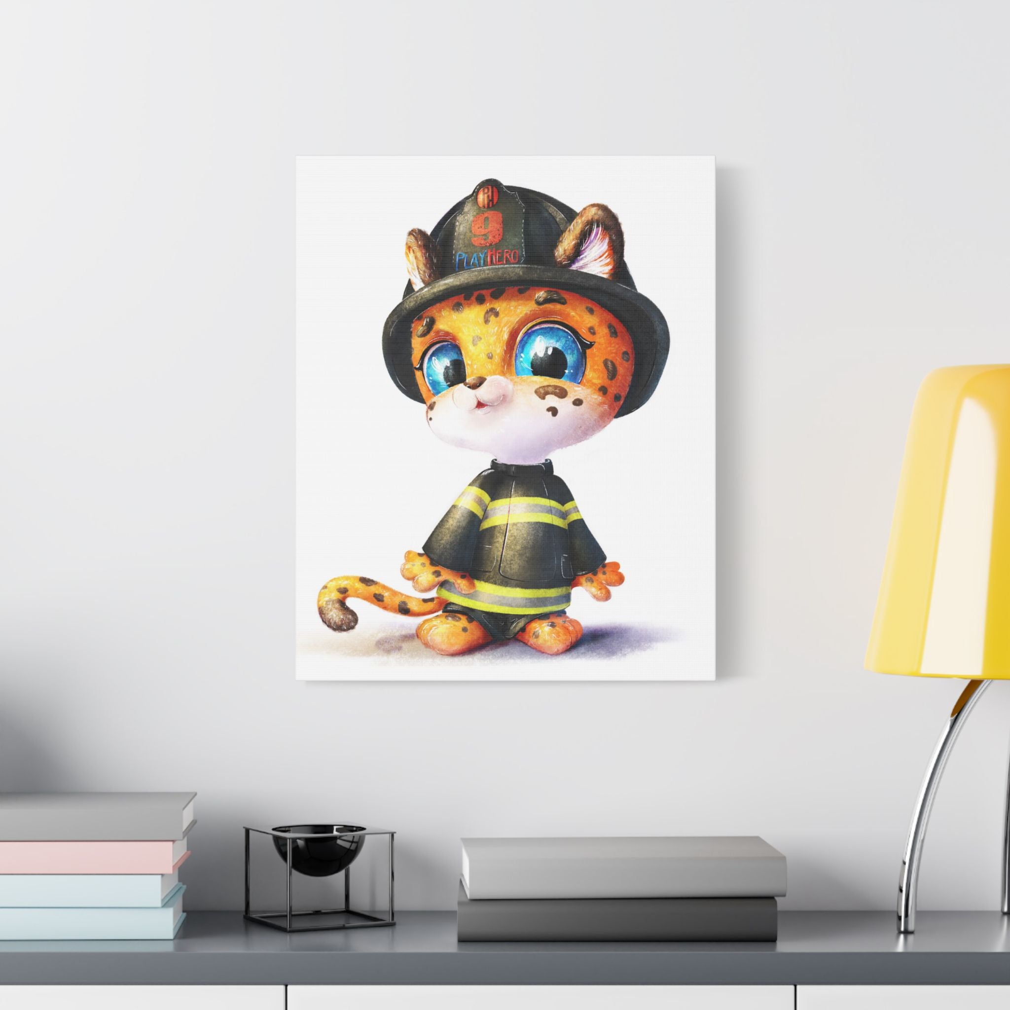 Firefighter Cat Canvas Print, Cute Animal Art for Kids, Playful Nursery Decor, Gift for Pet Lovers, Children's Room Wall Art