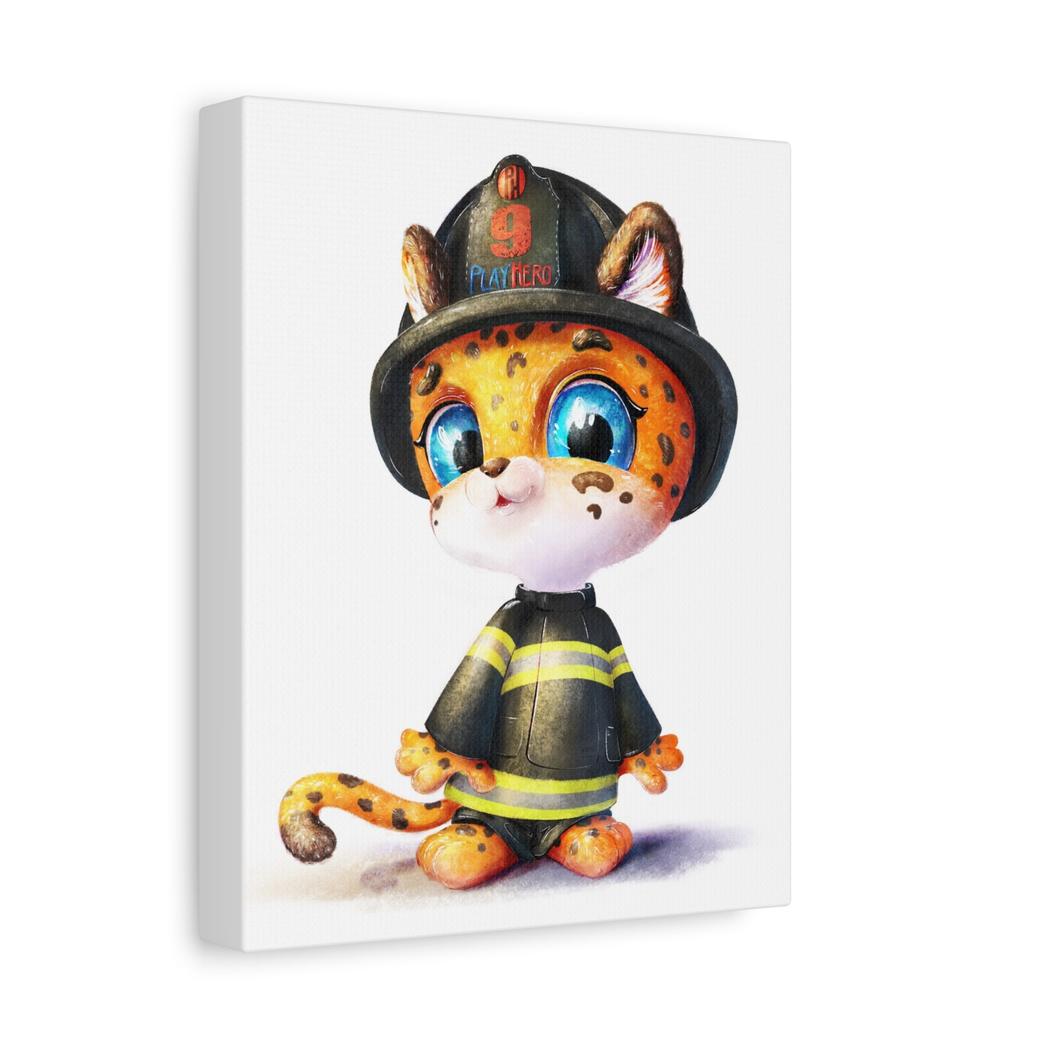 Firefighter Cat Canvas Print, Cute Animal Art, Kids Room Decor, Gift for Firefighter Enthusiasts, Playful Nursery Wall Art