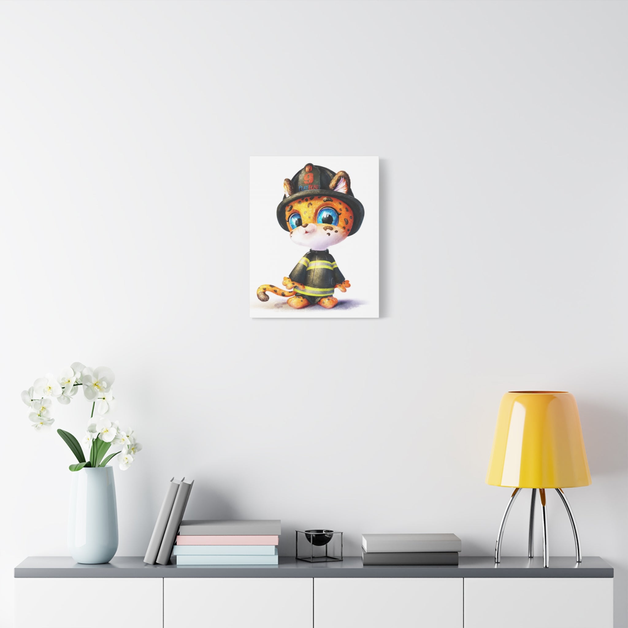 Firefighter Cat Canvas Print, Cute Animal Art, Kids Room Decor, Gift for Firefighter Enthusiasts, Playful Nursery Wall Art