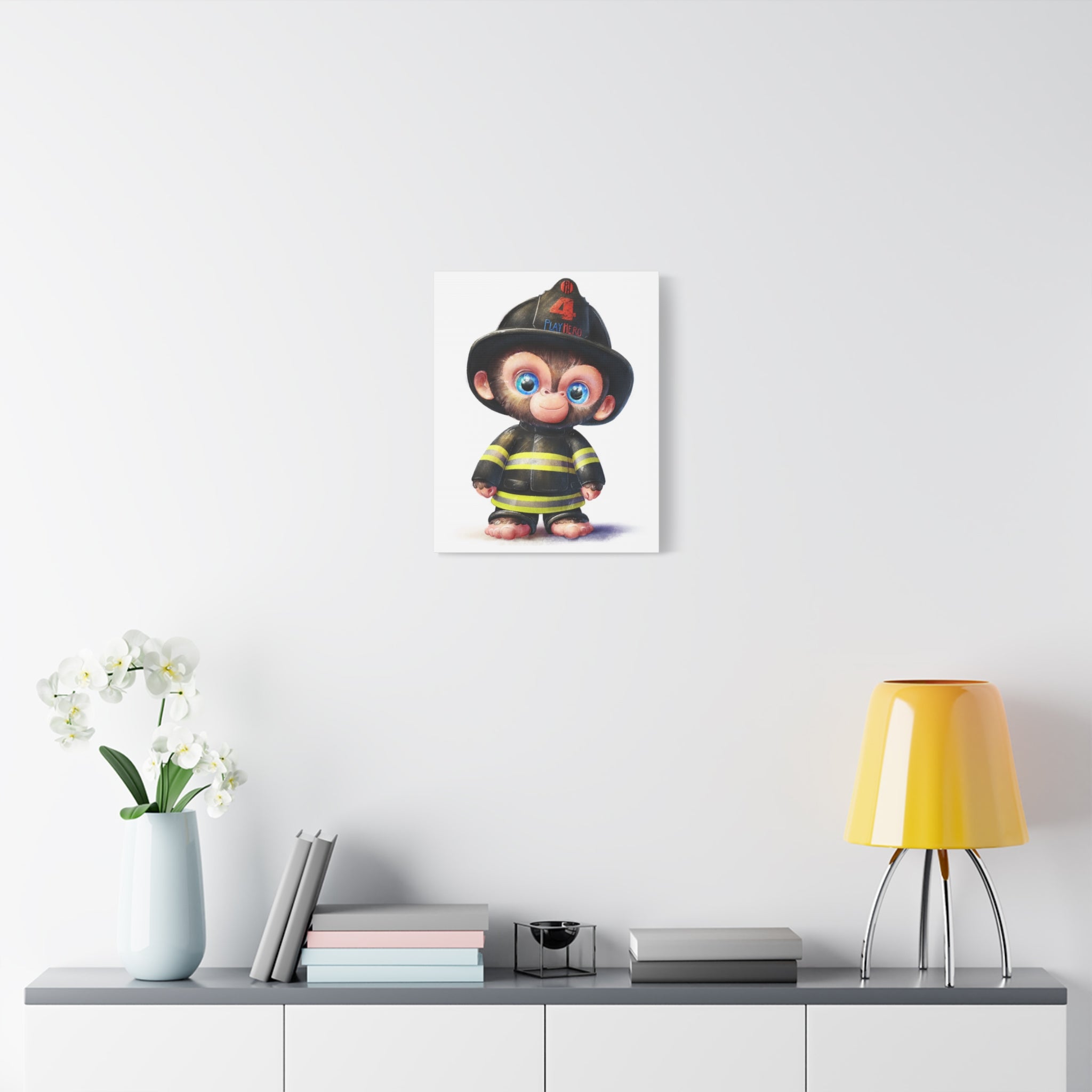 Cute Firefighter Monkey Canvas Art, Whimsical Home Decor, Kids Room Wall Art, Children's Gift, Playful Nursery Accent