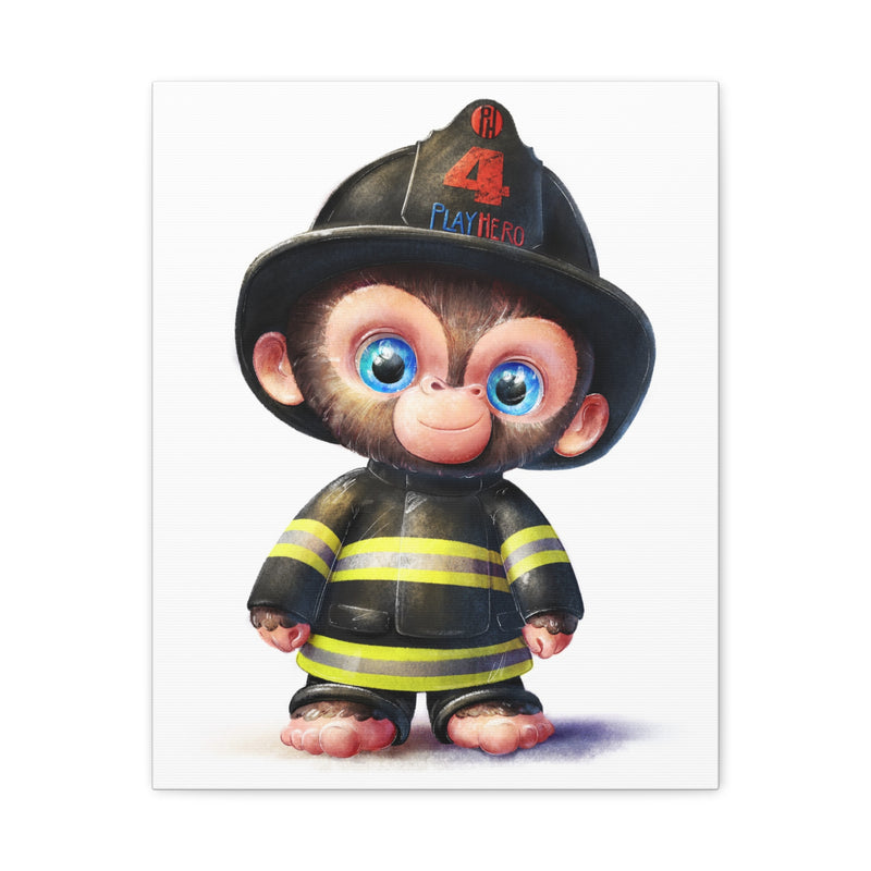 Cute Firefighter Monkey Canvas Art, Whimsical Home Decor, Kids Room Wall Art, Children's Gift, Playful Nursery Accent