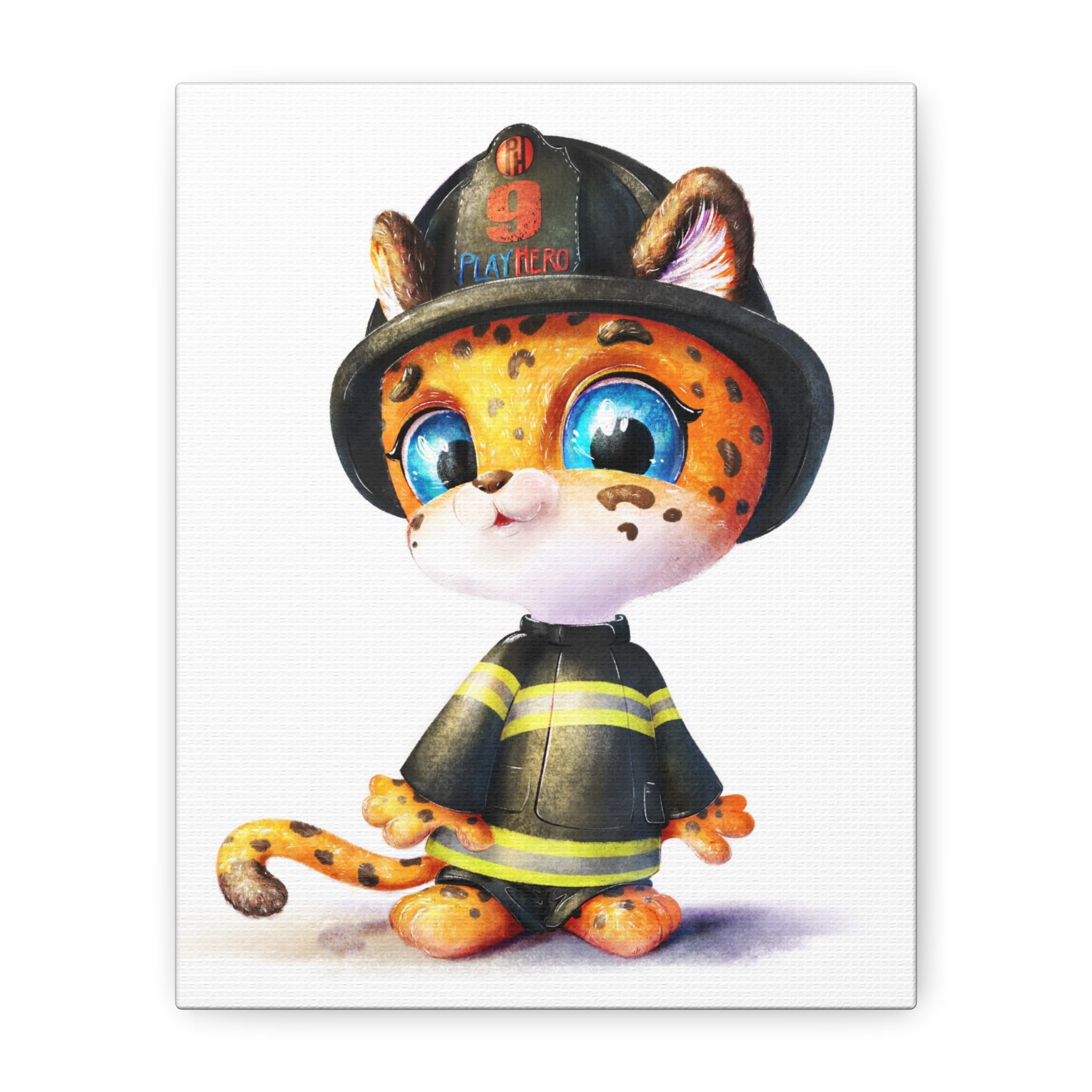 Firefighter Cat Canvas Print, Cute Animal Art, Kids Room Decor, Gift for Firefighter Enthusiasts, Playful Nursery Wall Art