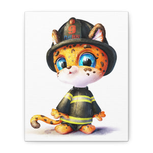 Firefighter Cat Canvas Print, Cute Animal Art, Kids Room Decor, Gift for Firefighter Enthusiasts, Playful Nursery Wall Art