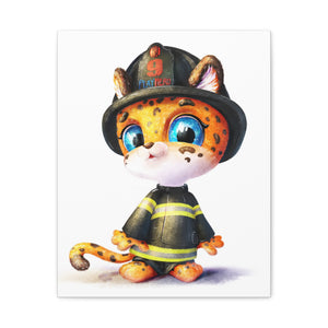 Firefighter Cat Canvas Print, Cute Animal Art, Kids Room Decor, Gift for Firefighter Enthusiasts, Playful Nursery Wall Art