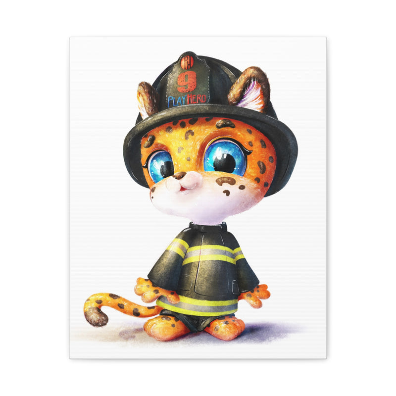Firefighter Cat Canvas Print, Cute Animal Art, Kids Room Decor, Gift for Firefighter Enthusiasts, Playful Nursery Wall Art